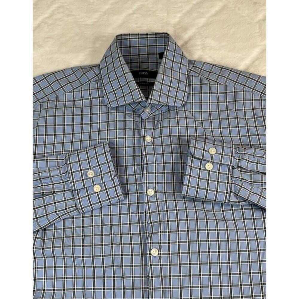 Hugo Boss Shirt Men's Blue Plaid Sharp Fit Button Up - Sz 15.5 - 34/36